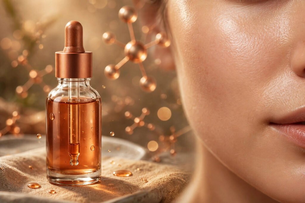 GHK-Cu copper peptide serum beside glowing, firm-looking skin, illustrating the key benefits of copper peptides for smoother skin texture